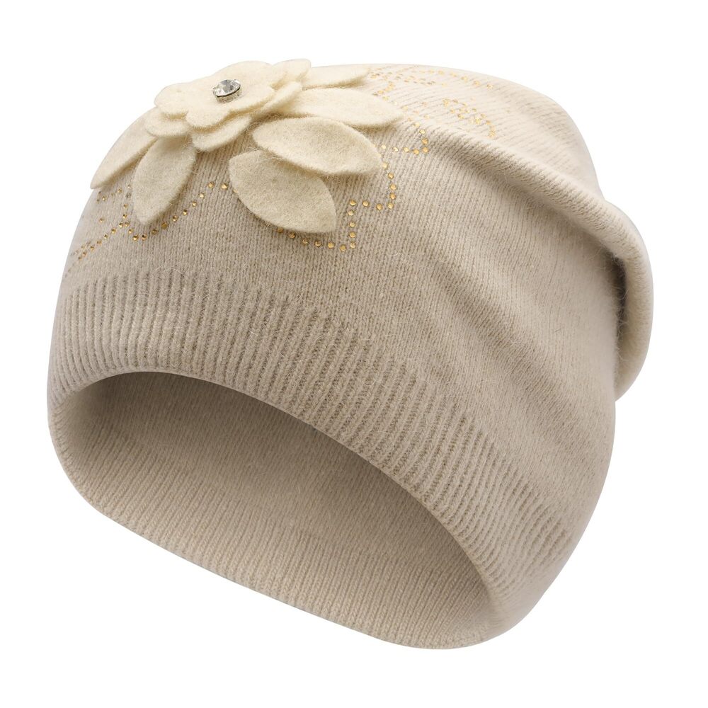 2181 Floral Slouchy Beanie Hat Double Layer Winter Knit Skull Cap, Flower